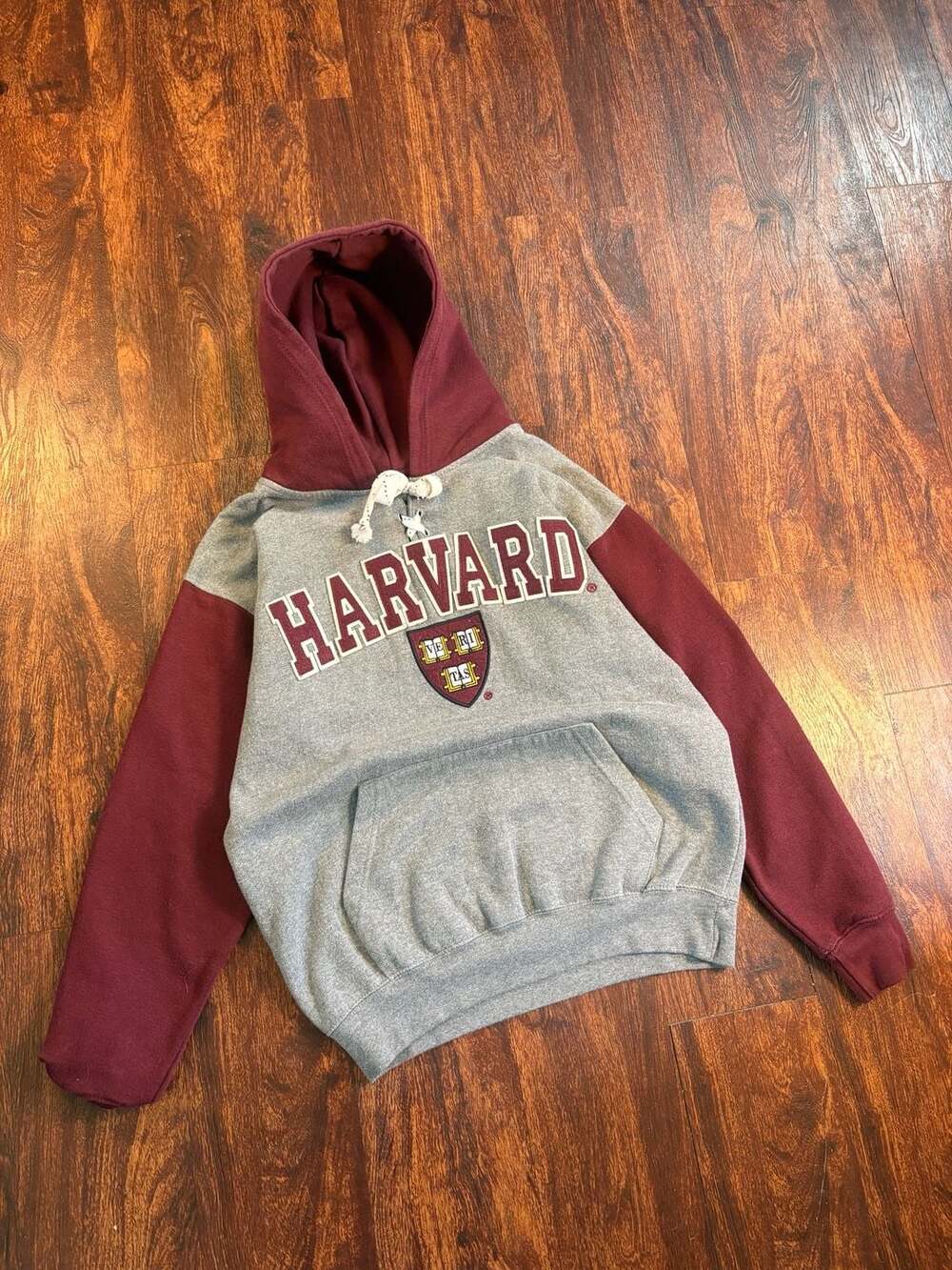 Harvard University Pullover Hoodie Gray and Maroon Raglan Sleeve